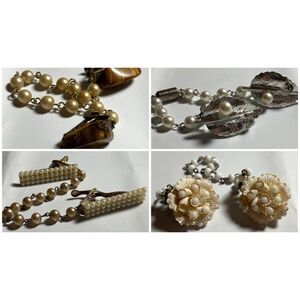 Vintage Sweater Clips 1950's 4-Pieces Pearl Leaf Celluloid Tiger Eye Pearl Bars
